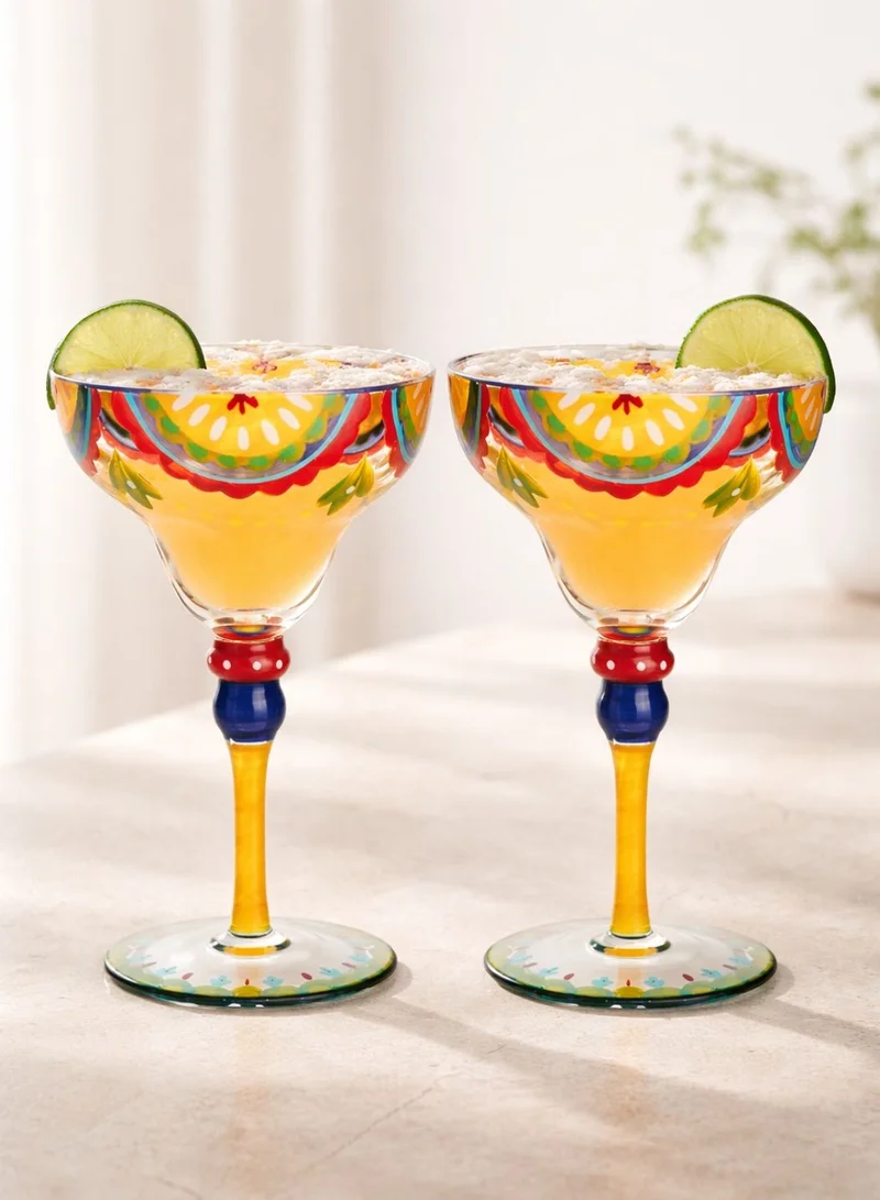 1Chase Clear Hand Painted Margarita Glasses Moroccan Collection, Orange Blossom Design 270ML Set of 2, Artisan Decorative Cocktail Glassware, Unique Kitchen Table Décor Glasses  | Best Price UAE